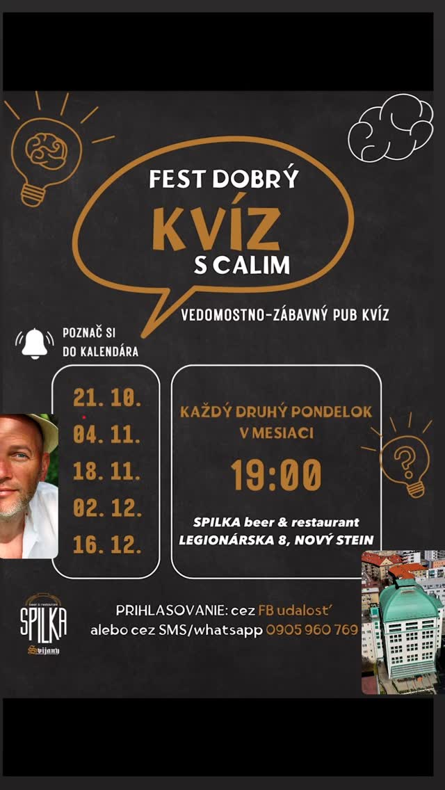 Už v pondelok 21.10. o 19:00 ďalší @festdobry_kviz v Spilke. Zober kamošov a príďte sa zabaviť. Prihlásiť sa môžeš na https://facebook.com/events/s/festdobrykviz-s-calim-v-spilke/506172342311739/